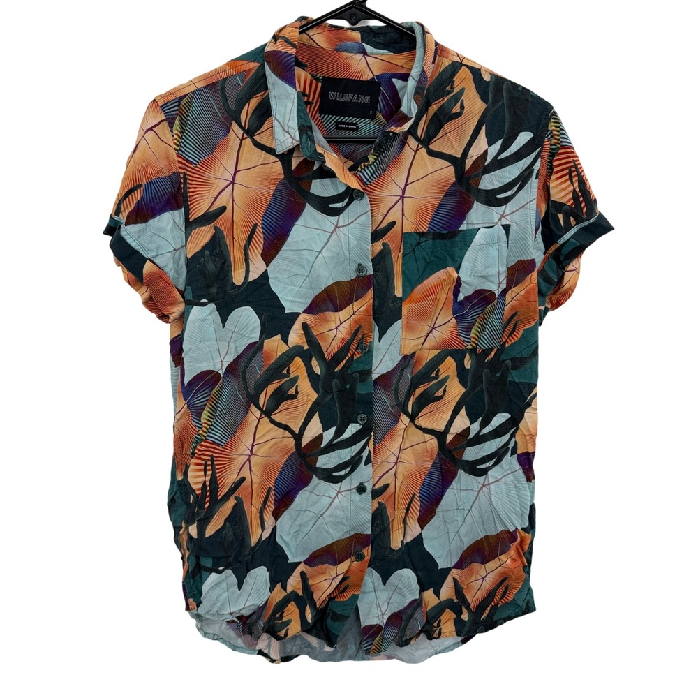 Wildfang Shirt Womens Small Multi Tropical Leaf Print WFS09 Button Up Top Cacti